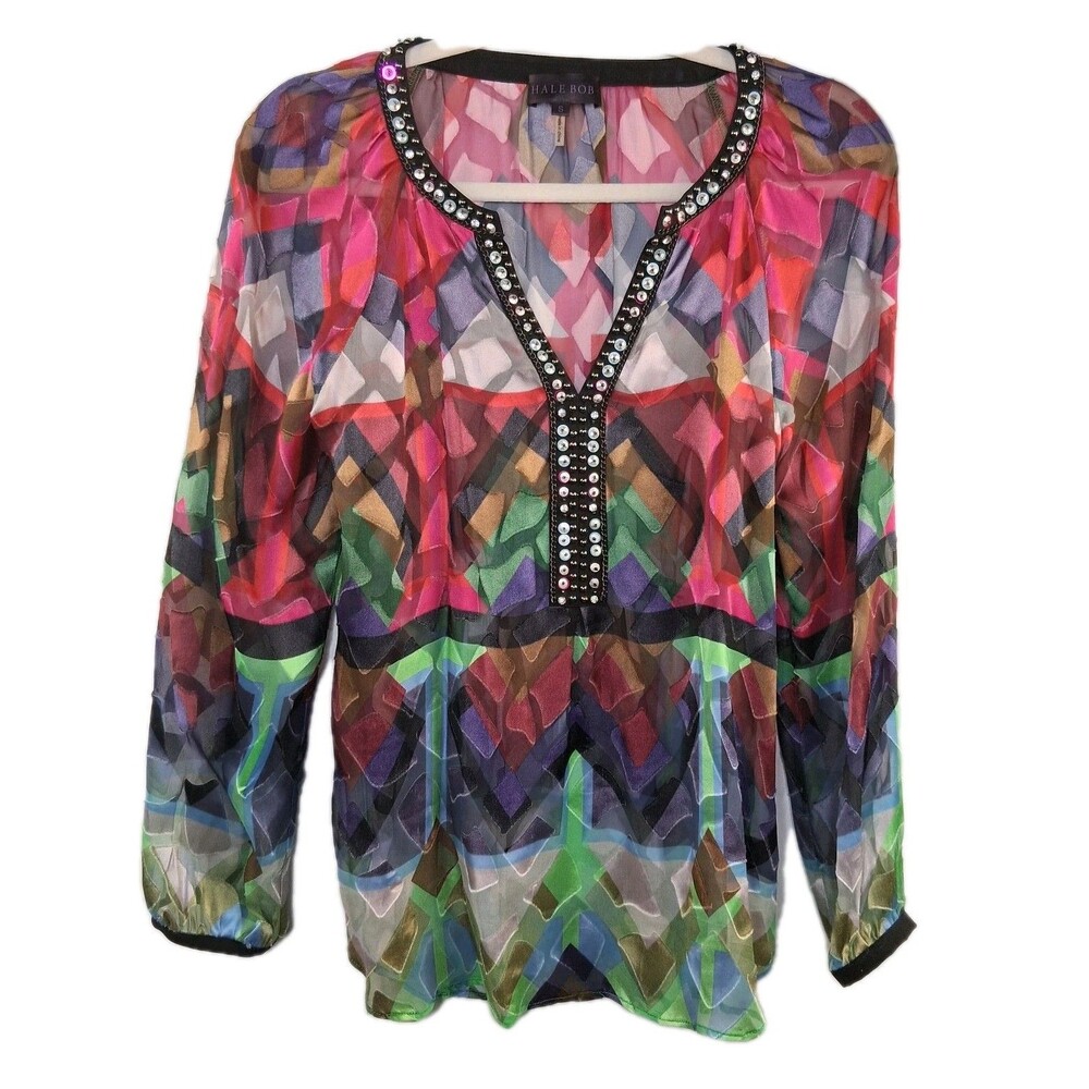Hale Bob Silk Blouse Multicolor Geometric Print Beaded V-Neck Tunic Top Size S